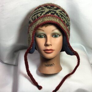 Women's Lost Horizons Ski Hat Cap Beanie Gray Burgundyl 100% Wool Lined Tassel
